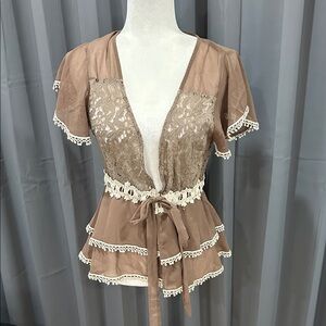 A'Reve Brown Lace Trim Blouse